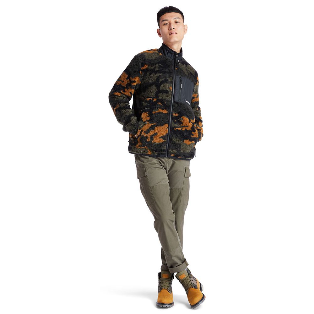 Timberland Μπουφαν Ανδρικα Μαυρα/Πρασινο/Καφε - Camo Recycled Fleece - Greece 6391487-XP